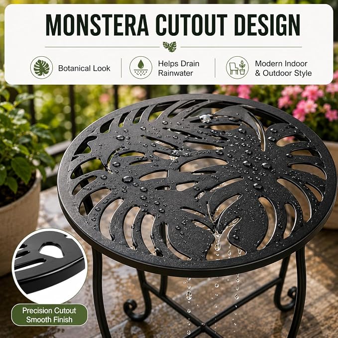 Outdoor Side Table 15 Inch Tall, Tool-Free Metal Patio End Table with Monstera Design, Space Saving Round Stand for Porch Balcony Garden (Monstera)