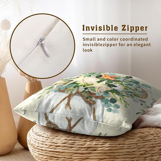 Eucalyptus Leaves Starfish Pillow Covers 16 x 16 Inches Set of 2,Summer Floral Coastal Seasonal Decoration Cushion Cover Pillowcase for Sofa Couch Indoor Outdoor Home Decor