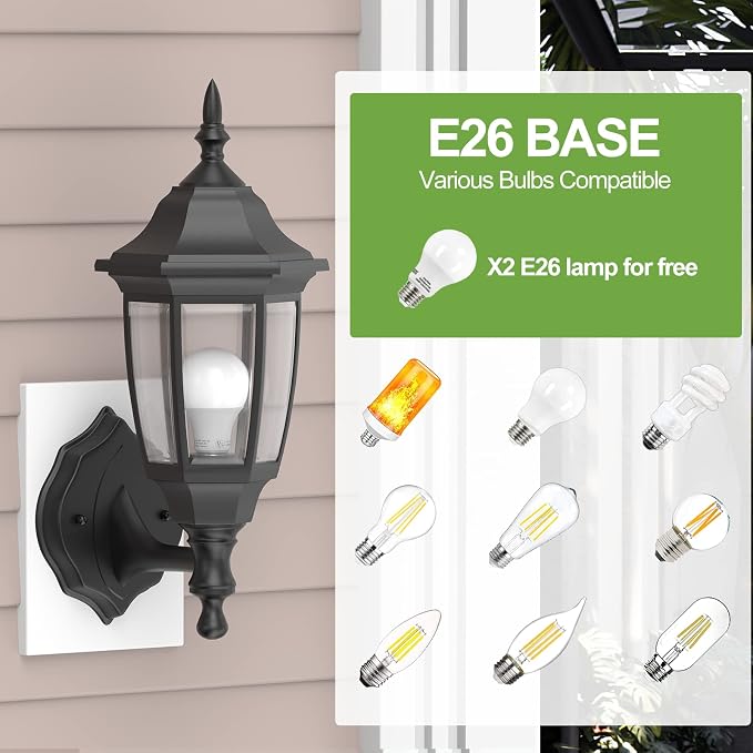 EMART Plastic Outdoor Wall Light Fixtures, Porch Sconces(2 Pack, Black) | Include Bulbs, Waterproof and Anti-Corrosion, Wall Mount for Outside, Garage, Front Door, House, Patio