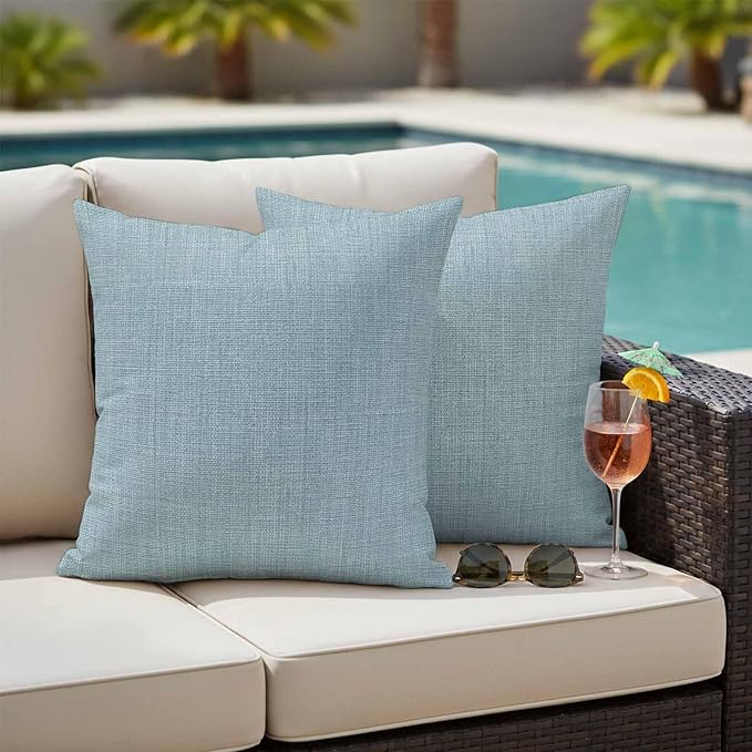Outdoor Waterproof Throw Pillow Covers Set of 2 Blue Linen Pillowcases 24x24 Inches Farmhouse Pure Color Decorative Pillows Cushion Case Patio Pillows for Couch Bed Chair Garden
