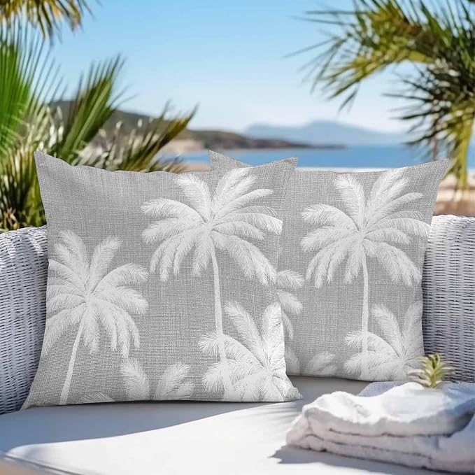 Outdoor Pillow Covers 26x26 Inch Set of 2, Grey Palm Trees Waterproof Throw Pillow Covers, Farmhouse Tropical Summer Beach Decorative Cushion Pillowcases for Couch, Sofa, Bed, Garden, Patio