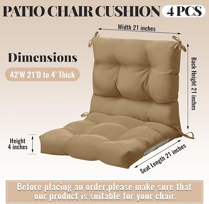 Marsui 4 Pcs Outdoor Indoor High Back Chair Cushions Patio Furniture Tufted Pillow with Ties Water-Resistant Replacement Outdoor Rocking Chair Cushions, 42 x 21 Inches (Dark Brown,Solid Color)