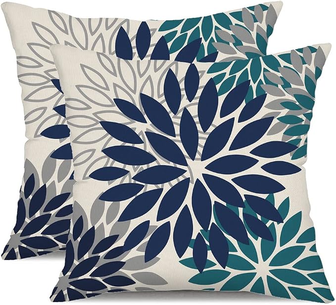 DFXSZ Outdoor Waterproof Pillow Covers 18x18 Set of 2 NavyBlue Green Flower | Spring Summer Waterproof Flower Throw Pillowcases（No Inserts）Outdoor Decor for Patio Funiture Garden Polyester Covers