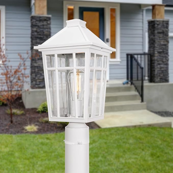 Darkaway Large Outdoor Post Lights Lamp Post Light Fixture, 17inch Waterproof Aluminum Post Lamp with Glass, Fence Deck Lighting for Garden, Patio, Pathway (Large，White)