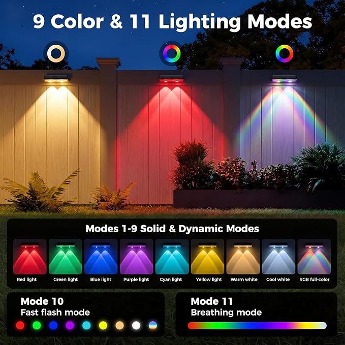 kolpop Solar Fence Lights Outdoor,11 Modes&9 Colors RGB/Cold/Warm White Fence Lights Solar Powered,IP65 Waterproof, 60LM LED Color Changing Solar Lights for Backyard,Wall,Deck,Party,Decor 20 Pack