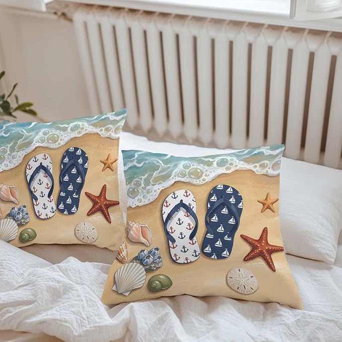 Blue Beige Seaside Outdoor Waterproof Throw Pillow Covers 20x20 Set of 2, Coastal Waves Starfish Summer Beach Nautical Decorative Pillowcases Cushion Pillowcase for Couch Sofa Patio Pillow Protector