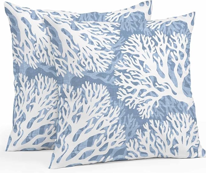 Outdoor Pillow Covers 18x18 Inch Set of 2, Lake Blue Coral Coastal Waterproof Throw Pillow Covers, Summer Beach Nautical Ocean Decorative Cushion Pillowcases for Couch, Sofa, Bed, Garden, Patio
