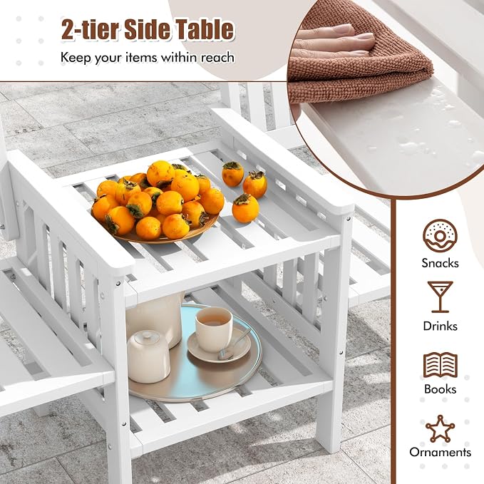 Tangkula Outdoor Wood Loveseat with 2-Tier Side Table and Umbrella Hole, 2-Seater Patio Garden Bench with Armrests and Slatted Seats, Outdoor Table and Chairs Set for Porch and Balcony