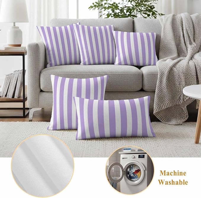 Purple Striped Outdoor Waterproof Throw Pillow Covers 26x26 Set of 2, Modern Farmhouse Purple White Stripes Decorative Pillowcases Cushion Pillowcase for Couch Sofa Patio Outside Pillow Protector