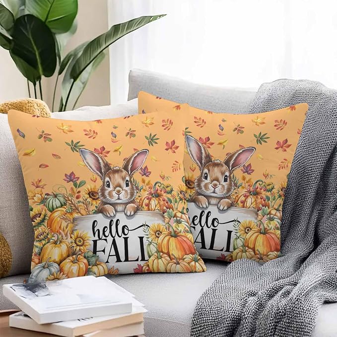 Thanksgiving Rabbit Outdoor Waterproof Pillow Covers, Orange Pumpkins Fall Leaves Flowers Decorative Square Throw Pillowcase Sofa Cushion Sham for Patio/Couch/Chair, 20"x20" 2 Pack