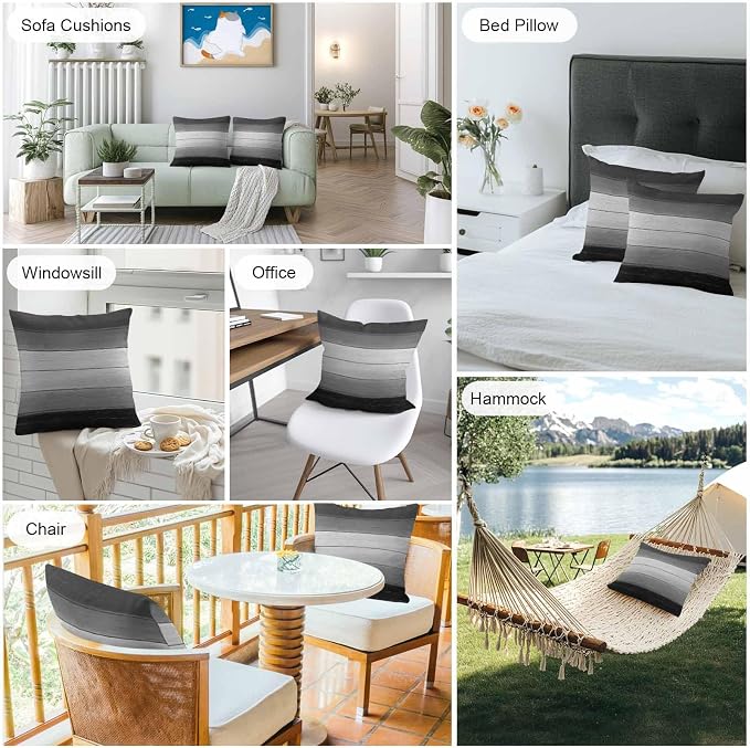 Black Gray Outdoor Pillow Covers 20x20 Inch Throw Pillow Covers Set of 2 Waterproof Decorative Pillow Cases Farmhouse Vintage Gradient Wooden Plank Cushion Covers for Patio Furniture Garden Couch Sofa