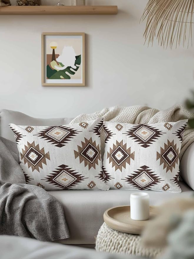 Waterproof Outdoor Pillow 1 Pack Brown Boho Aztec Decorative Throw Pillows Cover & Insert 18x18 Inch Pillowcase Southwest Tribal Style Square Pillows for Couch Sofa Bed Patio Furniture Indoor Outdoor