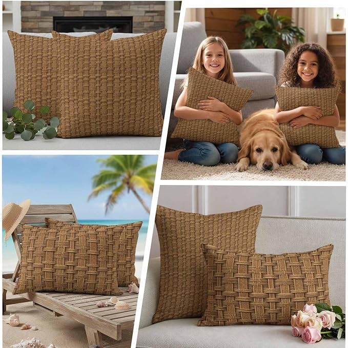 Vintage Rattan Waterproof Outdoor Pillow Covers 16''x16'' Set of 2, Minimalist Abstract Wicker Texture Brown Patio Furniture Cushion Covers for Chairs, Decorative Pillow Cases for Garden/Pool/Beach
