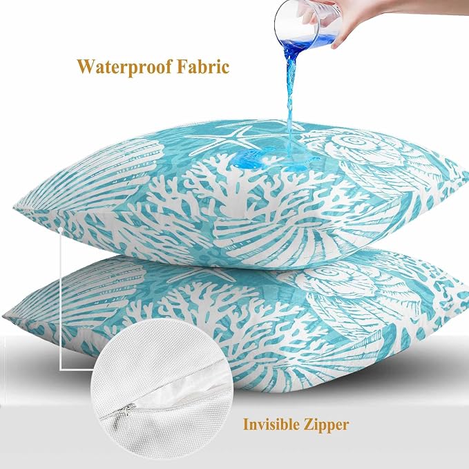 Outdoor Pillow Covers 20x20 Inch Set of 2, Teal Starfish Coastal Waterproof Throw Pillow Covers, Summer Coral Shell Beach Nautical Decorative Cushion Pillowcases for Couch, Sofa, Bed, Garden, Patio