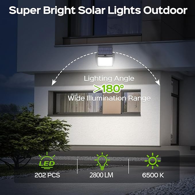 Solar Outdoor Lights 1Pack, 202 LED Flood Lights with 16.4 ft Cable | Remote Control Solar Motion Sensor Lights with 3 Modes, Solar Powered Security Lights for Outside Patio, Yard, Garage, Garden