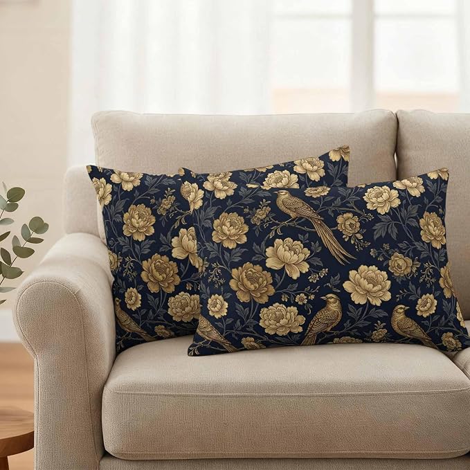 Vintage Gold Navy Blue Floral Outdoor Pillow Covers 20"x12" Set of 2, Bird Peony Flower Traditional Waterproof Throw Pillow Covers for Patio Furniture, Decorative Cushion Covers for Porch