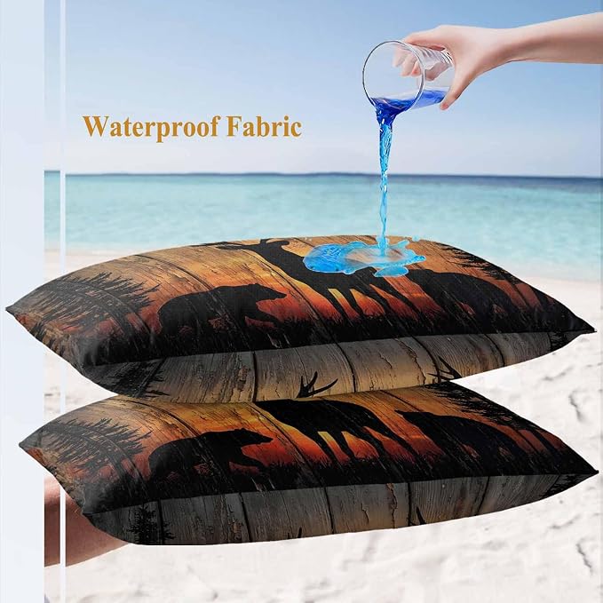 Yukro Wildlife Scene Outdoor Waterproof Pillow Covers Pack of 2, Nature Deer Bear Pine Trees Silhouette Sunset Throw Pillowcases Decorative Cushion Covers for Garden Patio Tent Sofa Couch, 20x12 inch