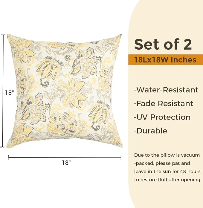 FUNHOME Outdoor Throw Pillows 18x18 inch,Decorative Throw Pillow with Insert Set of 2,Water Resistant Pillow for Patio Furniture Sofa Couch Chair(Yellow Flower)