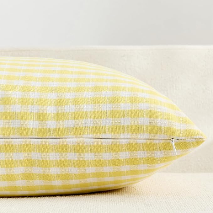 Summer Outdoor Waterproof Throw Pillow Covers 20x20 Set of 2, Yellow and White Plaid Pillow Cases Boho Gingham Farmhouse Cushion Covers for Couch Balcony Patio Garden