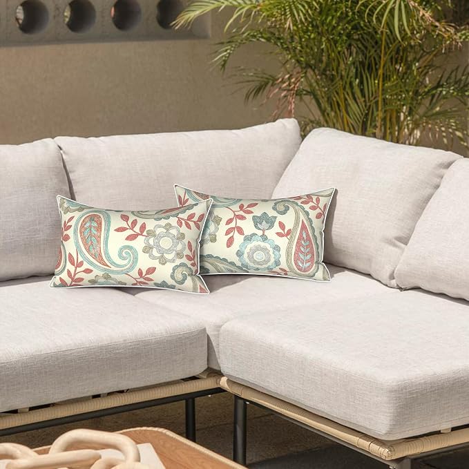 LVTXIII 2 Pack Outdoor Lumbar Pillows 12x20 Inch with White Piping, Fade Resistant Support Throw Pillows with Inserts for Patio Furniture, Sofa, Chair, Paisley Vintage