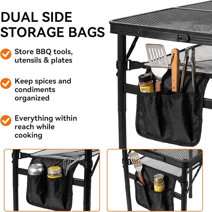2Ft Foldable Grill Table for Camping, Portable Metal Mesh BBQTable with Dual Side Storage Bags, Lightweight Folding Outdoor Cooking Table for Picnic, RV Travel, Beach & Backyard BBQ