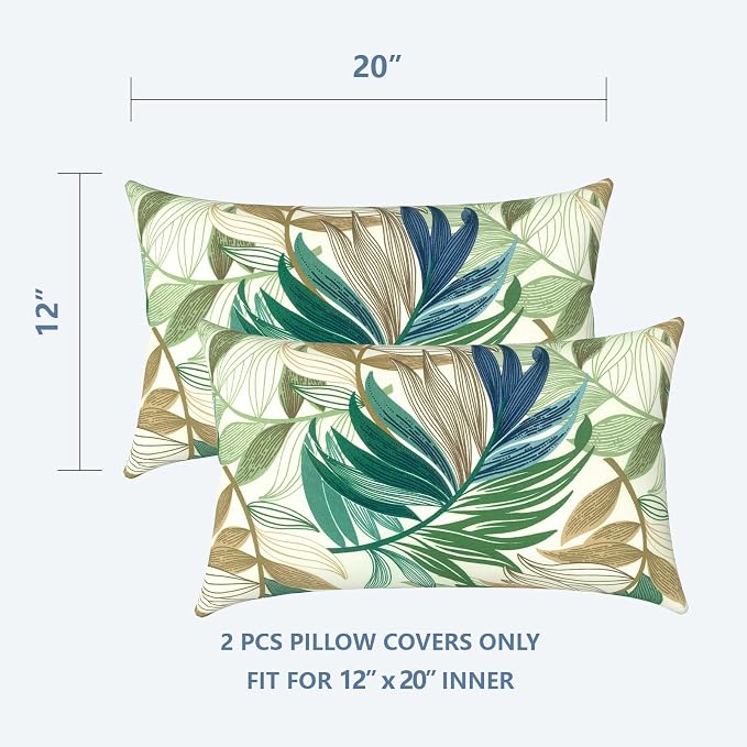LVTXIII Outdoor Lumbar Pillow Covers Only Set of 2 Patio Decorative Pillow Cases, Water Repellent Lumbar Cushion Cases for Sofa, Patio Couch Garden Use, 12x20 Inch, Lush Leaf Green
