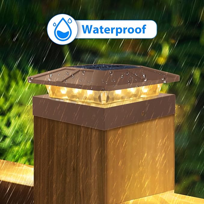 4x4 Solar Post Cap Lights Outdoor with 3 Modes, 8 Packs Brown Fence Light Solar Powered Waterproof, Wood/Vinyl Posts Caps Lights for Deck Yard Garden Patio Porch Railing Outside