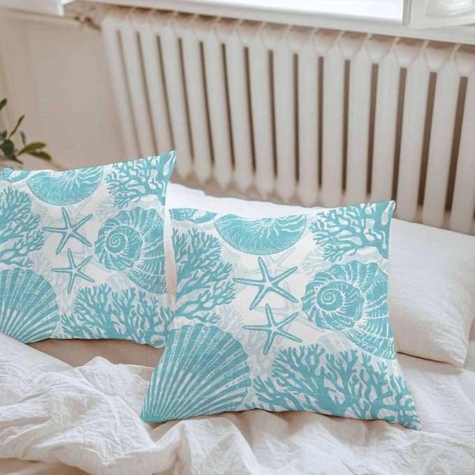 Outdoor Pillow Covers 18x18 Inch Set of 2, Aqua Coastal Waterproof Throw Pillow Covers, Beach Starfish Nautical Coral Shell Summer Decorative Cushion Pillowcases for Couch, Sofa, Bed, Garden, Patio