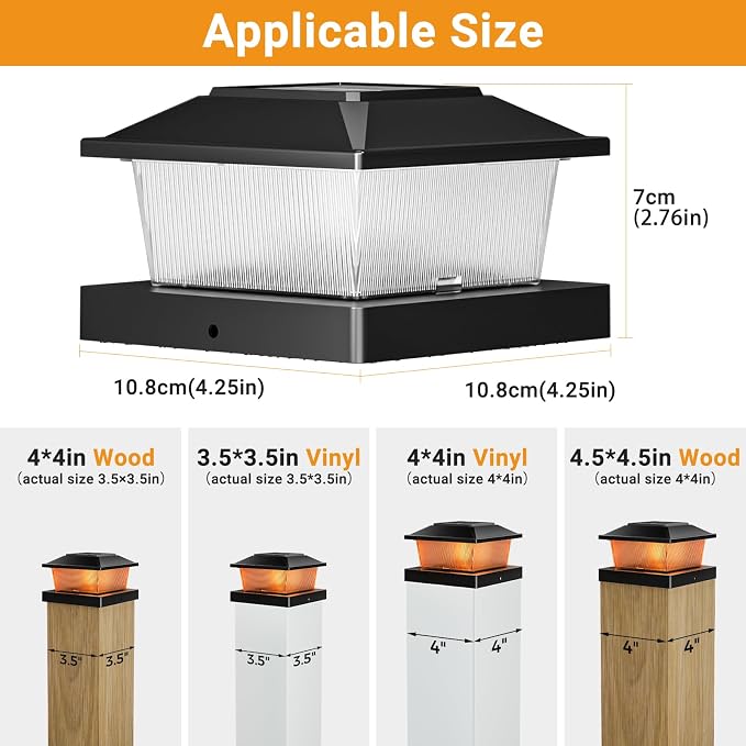 btfarm 4x4 Solar Flame Post Cap Lights Outdoor, 2 Pack Flickering Flame Deck Fence Post Lights, Waterproof Solar Powered Lighting Outside Fit 4x4 3.5x3.5 Wooden/Vinyl for Porch Patio Garden, Black Cap