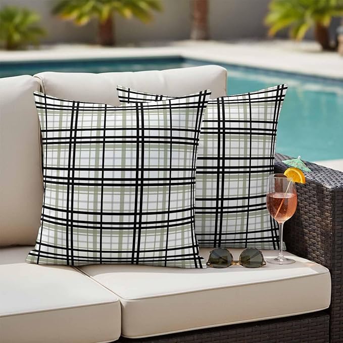 Abstract Stripes Outdoor Pillow Covers Set of 2 Sage Green Black Grey Plaid Waterproof Throw Pillow Cover Decorative Cushion Cases for Patio Porch Garden 20X20 Inch