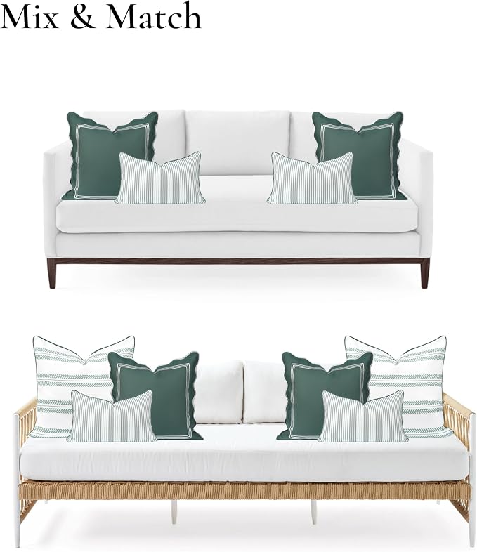 Hofdeco Premium Coastal Grandmillennial Patio Indoor Outdoor Lumbar Pillow Cover Only, 12"x20" Water Repellent for Backyard, Couch, Poolside, Celadon Green Print Stripes