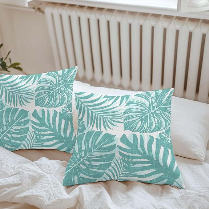 Aqua Teal Palm Leaves Outdoor Pillow Covers 24"x24" Set of 2, Tropical Botanical Minimalist Modern Waterproof Throw Pillow Covers for Patio Furniture, Decorative Cushion Covers for Porch