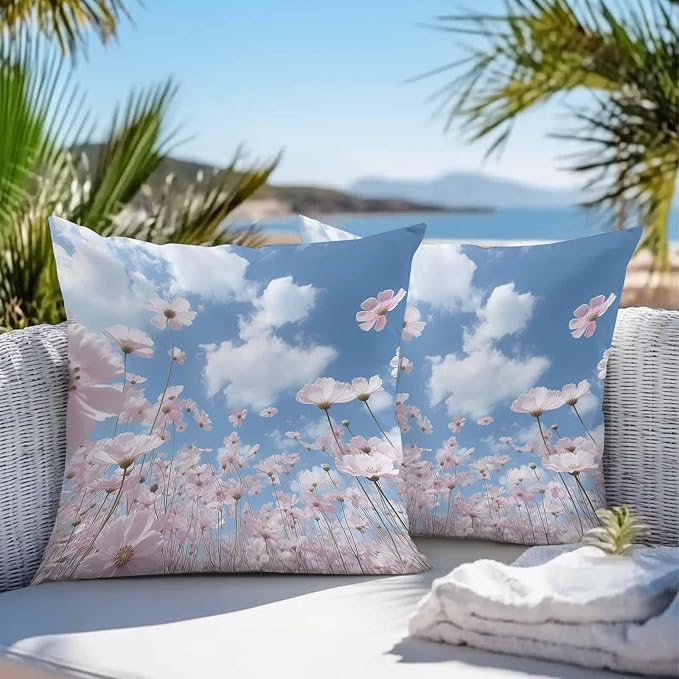 Vandarllin Outdoor Throw Pillows Covers 16x16 inch Set of 2 Waterproof Blue Sky Cloud Decorative Zippered Cushion Covers for Patio Furniture, Pink Flower Lumbar Pillowcases