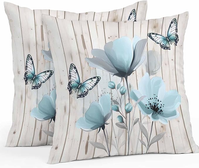 Blue Tulip Waterproof Outdoor Pillow Covers Set of 2 Home Decor, Country Spring Butterfly Floral Wooden Grain Pillowcase Patio Pillow Covers for Couch Bench Furniture Garden 24x24in