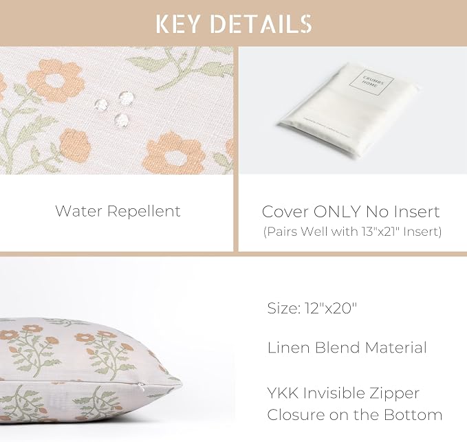 Modern Farmhouse California Casual Indoor Outdoor Lumbar Pillow Cover, 12"x20" Water Repellent for Patio, Backyard, Couch, Poolside, Ivory Cream Tan Green Print Block Painting Flowers