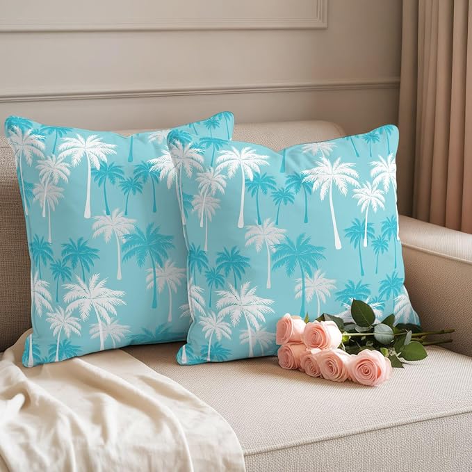Throw Pillow Covers 16x16 Inch Set of 2, Tropical Palm Tree Waterproof Outdoor Pillow Covers, Blue Cyan Plants Coastal Leaf Beach Decorative Cushion Pillowcases for Couch, Sofa, Bed, Garden, Patio
