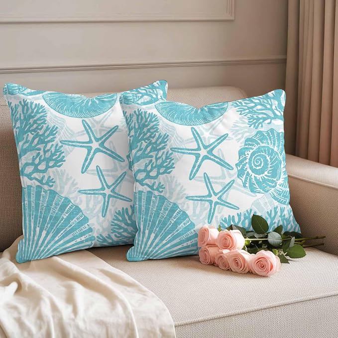 Outdoor Pillow Covers 18x18 Inch Set of 2, Aqua Coastal Waterproof Throw Pillow Covers, Beach Starfish Nautical Coral Shell Summer Decorative Cushion Pillowcases for Couch, Sofa, Bed, Garden, Patio
