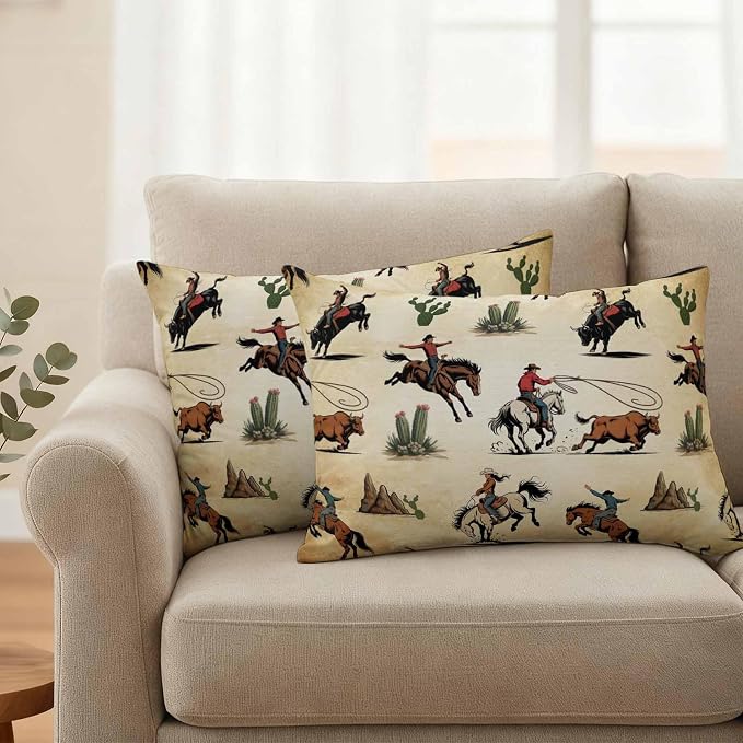 Western Cowboys Outdoor Pillow Covers Waterproof, All Weather Cushion Case Set of 2, Brown Vintage Country Cactus Lumbar Pillowcase for Sofa Couch Bed Decor Patio Furniture 20"x12"