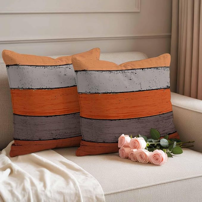 Outdoor Throw Pillow Covers 18X18 Set of 2 Waterproof Ombre Burnt Orange Gray Decorative Zippered Cushion Covers for Patio Furniture, Farmhouse Retro Rustic Barn Wood Texture Lumbar Pillowcases