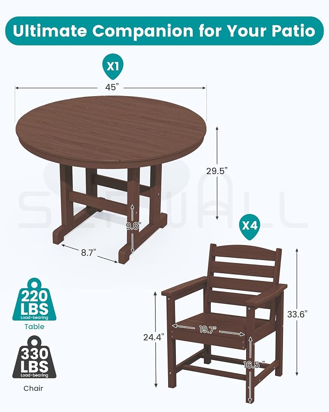 SERWALL 6-Piece Patio Dining Sets, HDPE Outdoor Table and Chairs Furniture Set with Umbrella, 45" Round Dining Table & 4 Dining Chairs & 1 9FT Umbrella, Coffee(Not Include Umbrella Base)