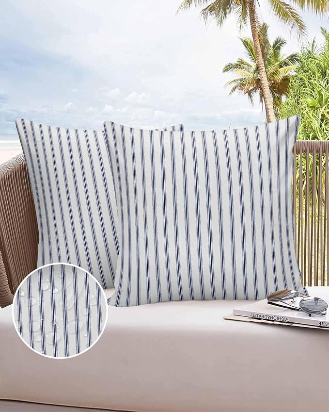 Outdoor Waterproof Throw Pillow Covers Set of 2 Blue Stripe Pillowcases 24x24 Inches Vertical Striped Patio Decorative Pillows Cushion Case Patio Pillows for Couch Bed Chair Garden