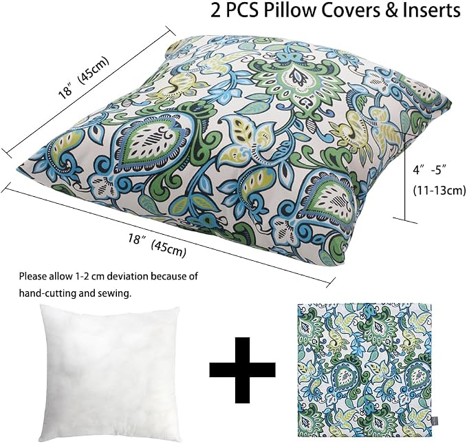 Magpie Fabrcis Pack of 2 Outdoor Waterproof Throw Pillow with Insert 18 x 18 Inch, Christmas Decorative Back Cushion Pad for Garden Patio Tent Balcony Couch Sofa(Floral Blue Green)