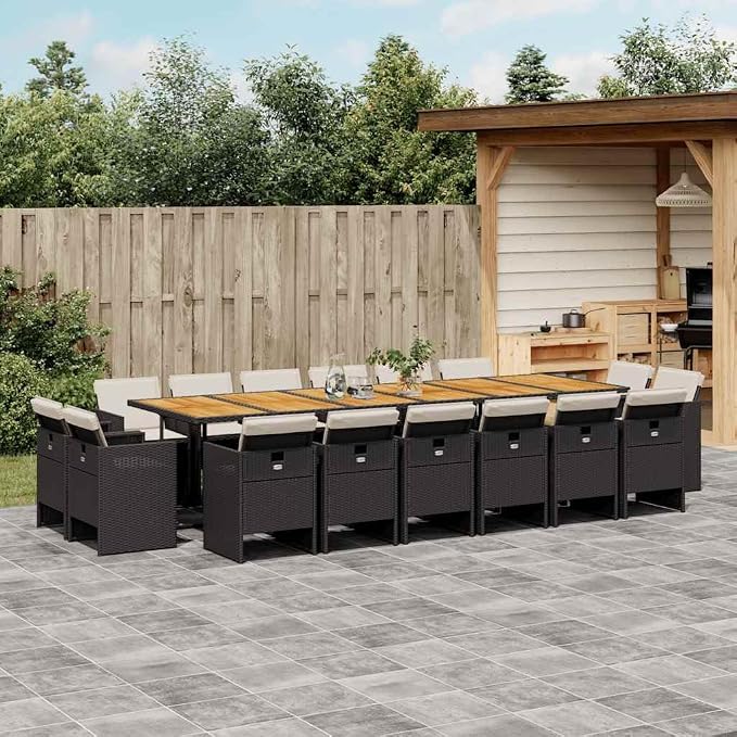 17 Piece Garden Dining Set, Black and Brown Outdoor Rattan Table and 16 Foldable Chairs with Cushions for Large Groups Patio Backyard and Outside Family Gathering