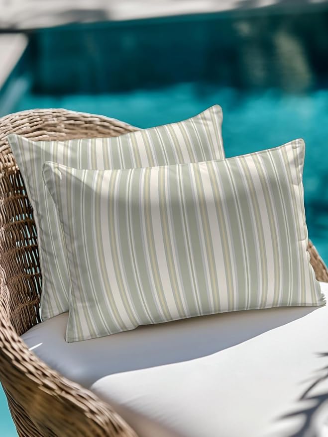 Waterproof Outdoor Pillow Set of 2 Sage Green Stripes Decorative Throw Pillows Cover & Insert 20x12 Inch Lumbar Pillowcase White Lines Lines Pillows for Couch Sofa Bed Patio Furniture Indoor Outdoor