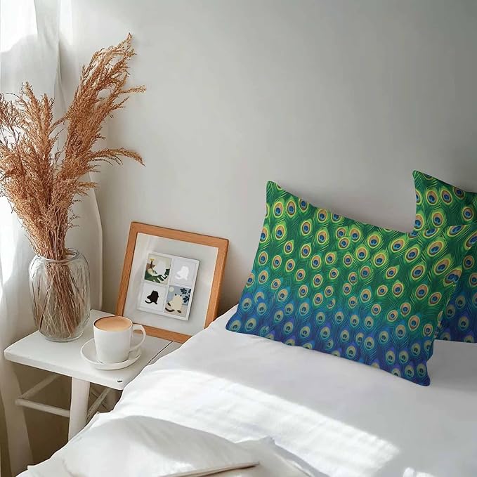 Peacock Feathers Outdoor Waterproof Pillow Covers, Ombre Blue Green Modern Animals Printed Decorative Rectangle Throw Pillowcase Sofa Cushion Sham for Patio/Couch/Chair, 20"x12" 2 Pack