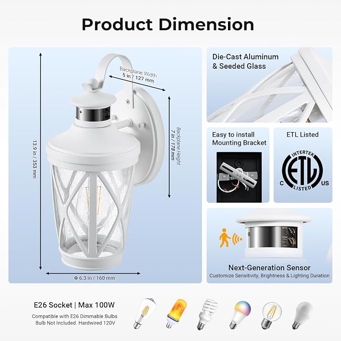 VIANIS Motion Sensor Outdoor Wall Light Fixtures, 2-Pack White Dusk to Dawn Front Porch Lights, Anti-Rust Outdoor Lanterns Wall Mount with Adjustable Sense Range, Exterior Coach Light for Garage