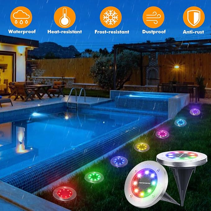 LYHOPE Solar Ground Light Outdoor, 16 Pack 8 LED Color Changing Solar Disk Lights Waterproof Garden In-ground Pathway Lights Landscape Lighting for Lawn,Yard,Deck,Patio,Walkway (RGB)