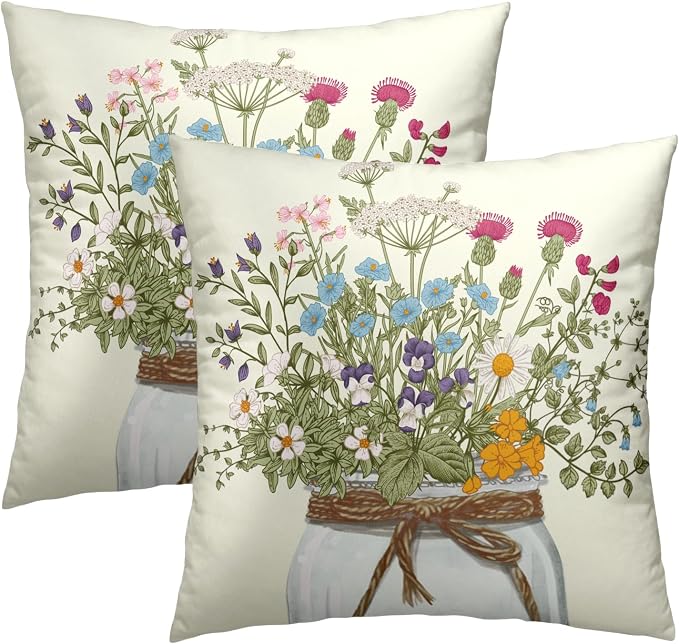 Wildflower Vase Throw Pillow Cover Set of 2, Floral Bouquet Summer Nature Flowers Cotton Linen Square Cushion Case for for Sofa Couch Bedroom Car Home Decor 20x20 Inch