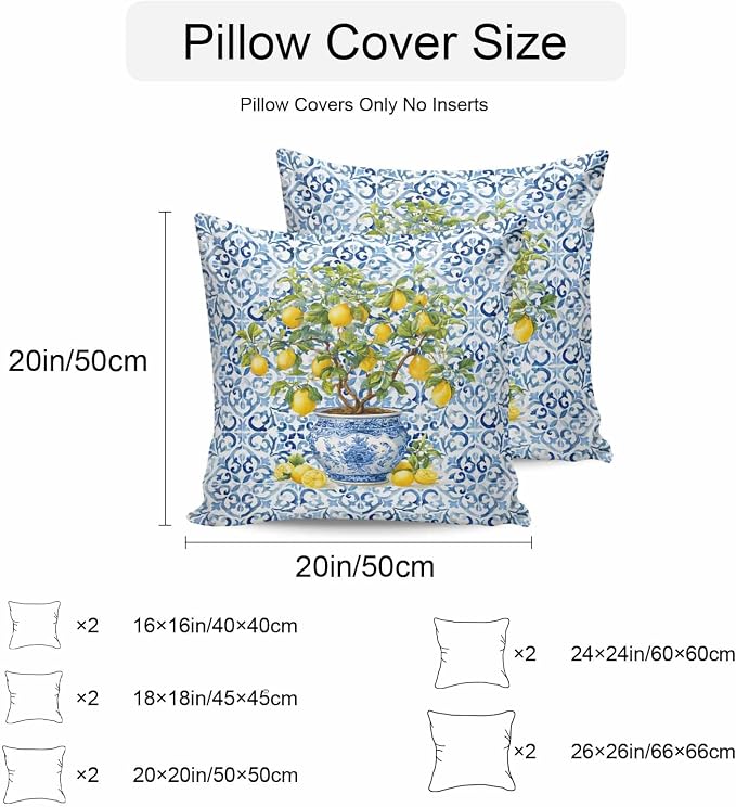 Summer Lemons Outdoor Pillow Covers 16x16 Inch Throw Pillow Covers Set of 2 Waterproof Decorative Pillow Cases Blue Boho Floral Farmhouse Botanical Cushion Covers for Patio Furniture Garden Couch Sofa