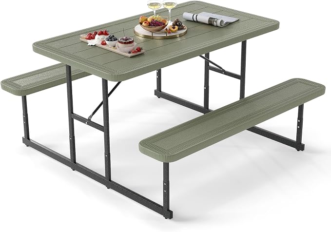 Giantex Picnic Table Bench Set for 4 People, 4.5FT Outdoor Rectangular Dining Table & 2 Benches w/Umbrella Hole, HDPE Tabletop, Metal Frame, Patio Garden Backyard Poolside, Green